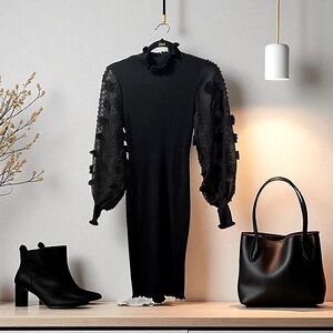 Almost Fabulous Elegant Black Dress w/Bishop Sheer Sleeves & Embroidered Flowers